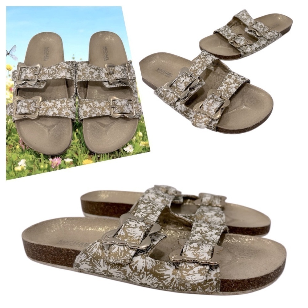 Michael Kors Sandals Youth 3 Double Buckle Strap Slide White Gold Flats Slip On